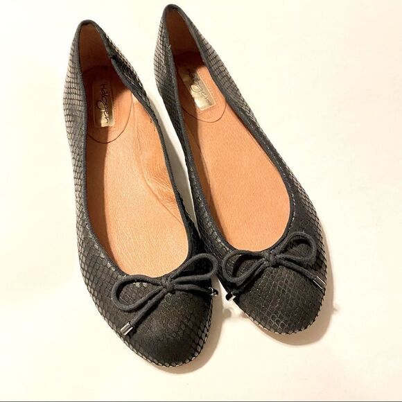 Halogen Black snake print leather round toe ballet flats shoes shoestring bow 8M - Picture 2 of 11